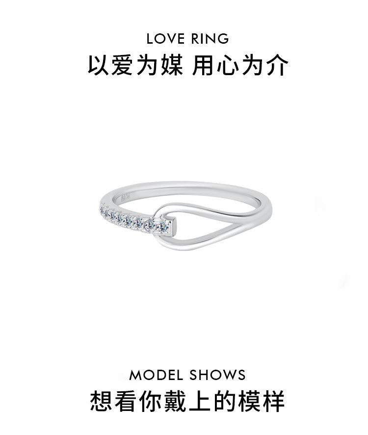 S925Silver Moissanite Heart-to-Heart Ring Korean Version Simple Row Diamond Internet Celebrity Niche Design Ring Cross-Border Wholesale