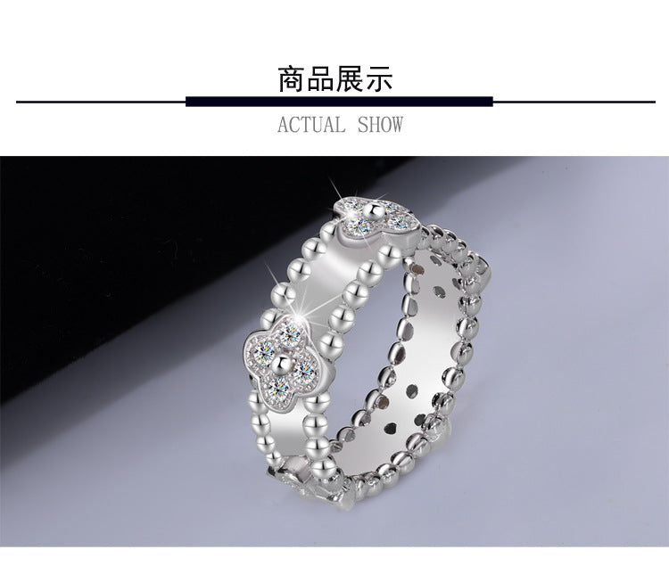 Cross-border hot selling S925Silver Full Diamond Moissanite Kaleidoscope Four-Leaf Clover Ring High-End Fashion Ring Factory Wholesale