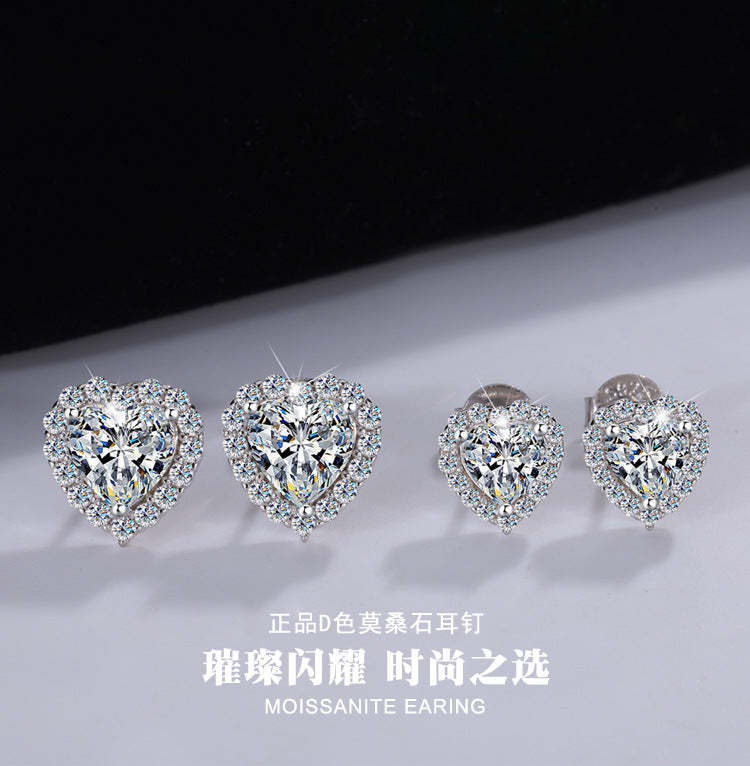 Cross-Border S925Sterling Silver Heart Stud Earrings Heart-Shaped Moissanite Simple Earrings Fashionable High-End Earrings Manufacturer Wholesale