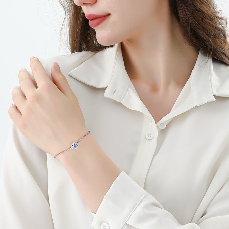 S925Sterling Silver Moissanite Round Bracelet Fashion Simple Small Daisy Bangle for Women Adjustable Size Factory Wholesale