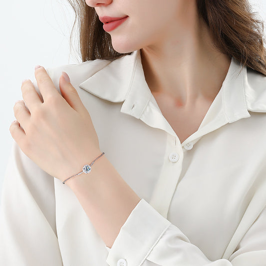 S925Sterling Silver Moissanite Round Bracelet Fashion Simple Small Daisy Bangle for Women Adjustable Size Factory Wholesale