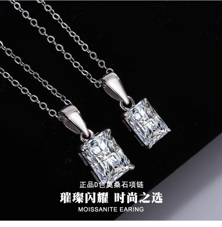 Cross-border new arrival S925Silver Moissanite Diamond Light Luxury High-End Radiant Cut Rectangular Pendant Collarbone Chain Wholesale