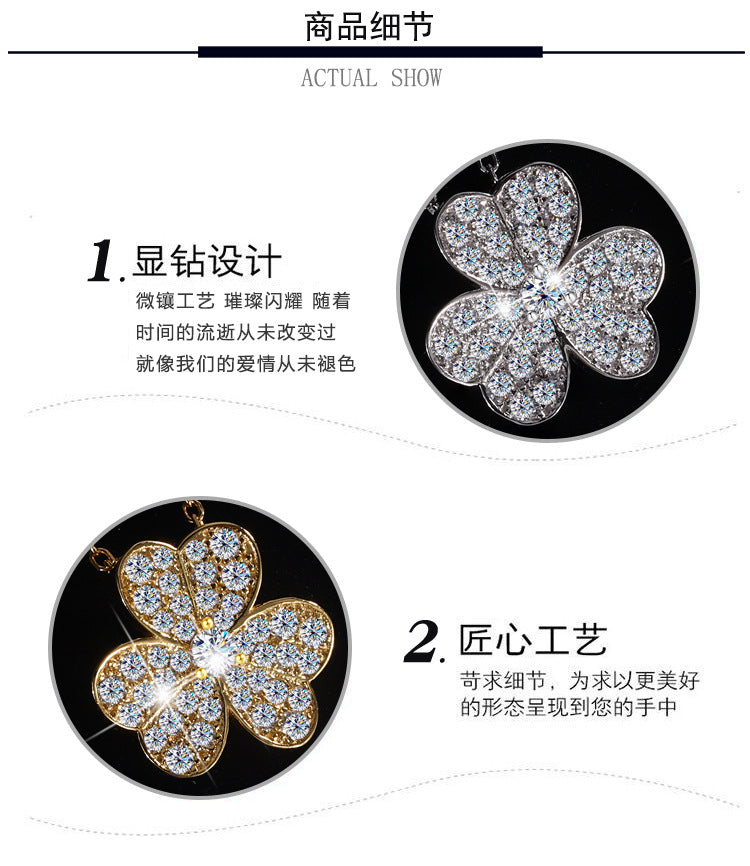 Exclusive for cross-border S925Pure Silver Lucky Moissanite Full Diamond Clover Necklace for Women Three-Petal Flower Simple Collarbone Chain Wholesale