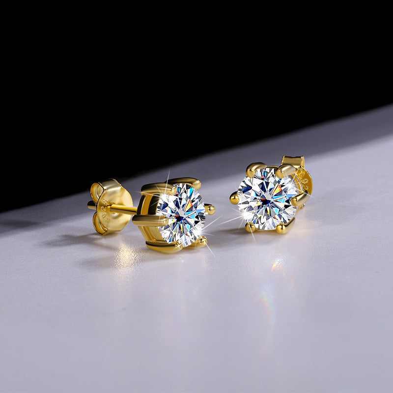 Cross-Border925Sterling Silver Gold Plated Moissanite Six-Prong Earrings1Clamosanite Gift Earrings Factory Wholesale