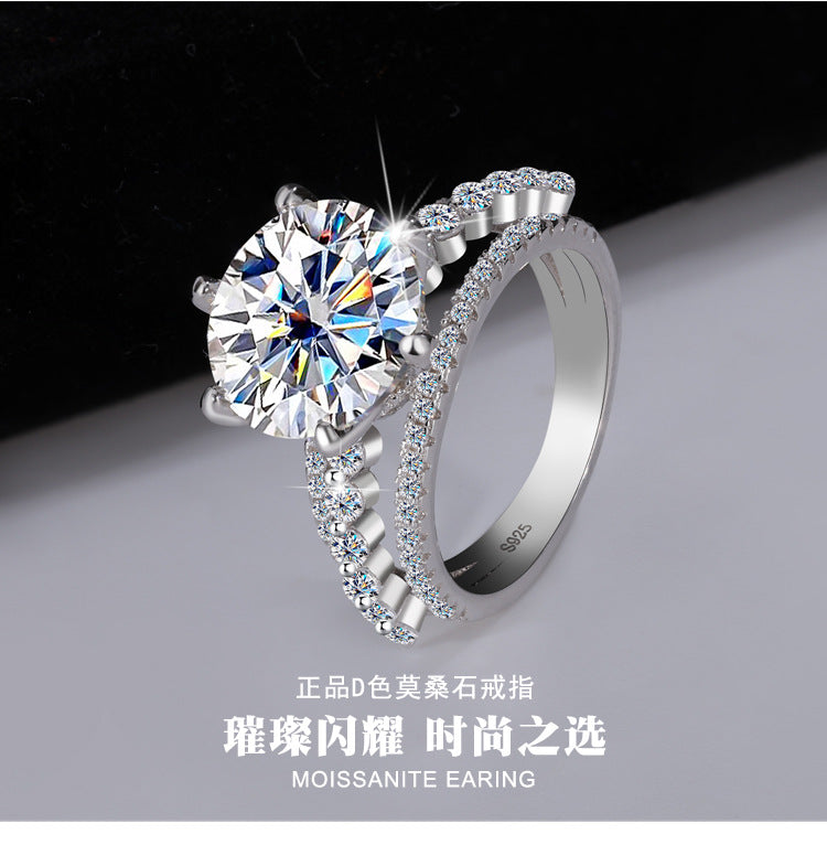 Amazon hot S925Silver Moissanite Three Lives Three Worlds Classic Six-Prong Moissanite Ring Women's Set Ring Wholesale