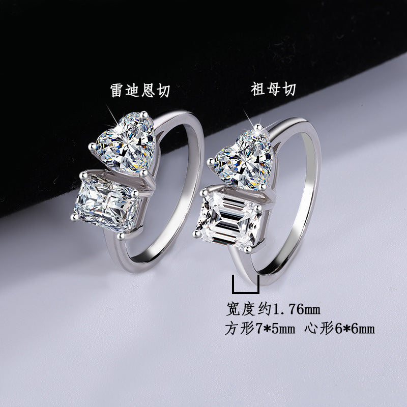 Cross-border European and American Live Streaming925Pure Silver Moissanite Classic1Carat Ring Irregular Moissanite Asymmetric Women's Ring