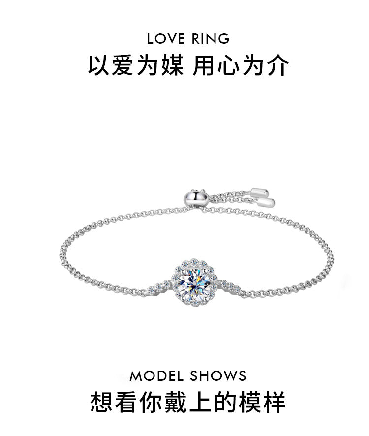 S925Sterling Silver Moissanite Round Bracelet Fashion Simple Small Daisy Bangle for Women Adjustable Size Factory Wholesale