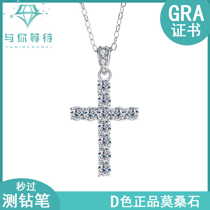Exclusive for cross-border S925Sterling Silver Cross Necklace for Women with Moissanite Diamond Pendant, Popular Collarbone Chain for Live Streaming Wholesale