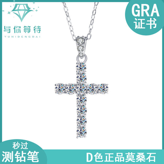 Exclusive for cross-border S925Sterling Silver Cross Necklace for Women with Moissanite Diamond Pendant, Popular Collarbone Chain for Live Streaming Wholesale