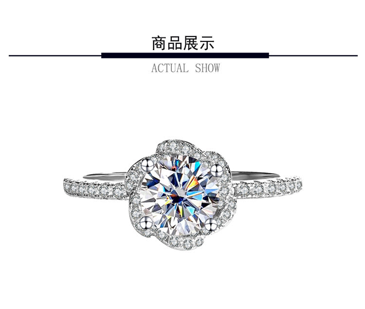 Sterling Silver S925【Bloom】Rose Flower Moissanite Diamond Ring Female Hand Holding Flower Real Diamond Ring Wedding Proposal Girlfriend