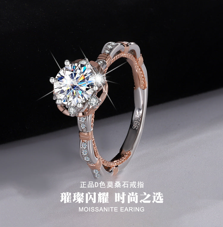 Europe and america cross border S925Sterling Silver Moissanite Princess Rose Handheld Flower Diamond Ring Six-Prong Luxury Cluster Setting Color-Blocked Women's Ring