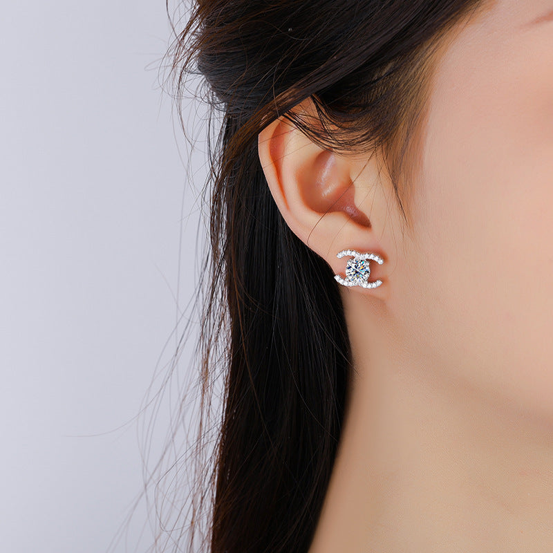 Best seller in europe and america925Sterling Silver Double C Moissanite Earrings for Women Moissanite Diamond Earrings Chanel Style High-end Feel Factory Wholesale