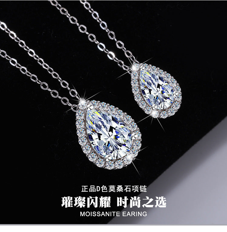 Cross-border hot selling S925Sterling Silver Water Drop Pendant Moissanite Pear Necklace for Women Simple Collarbone Chain Factory Wholesale
