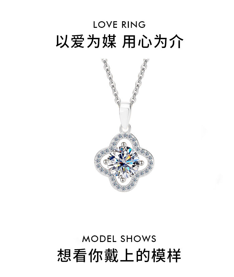 S925Pure Silver Moissanite Flower Necklace Four-Leaf Clover Pendant Light Luxury High-End Moissanite Collarbone Chain Factory Wholesale