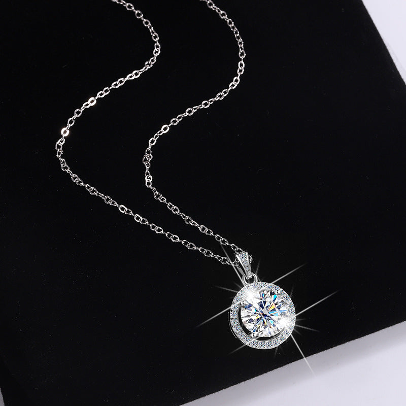 Cross-Border S925Sterling Silver Four-Claw Round Bag Necklace for Women, Moissanite Necklace Pendant, High-End Sweater Chain, Factory Wholesale