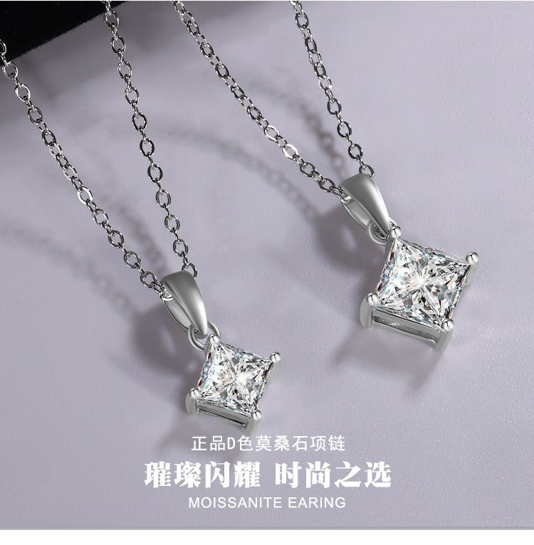 Cross-border hot selling S925Sterling Silver Princess Cut Moissanite Pendant Necklace for Women Collarbone Chain Pendant Valentine's Day Gift