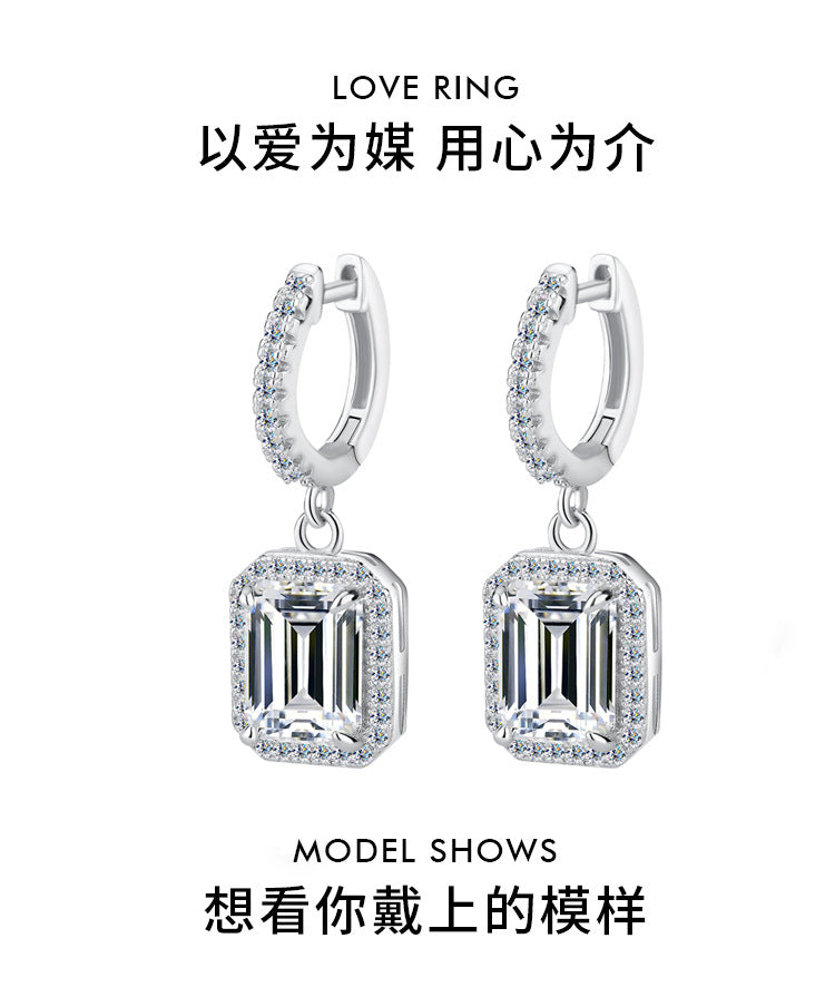 Cross-border Hot Selling Moissanite Earrings S925Silver Grandmother Cut Earrings with Luxurious Inlay High-Grade Moissanite Studs Factory Wholesale