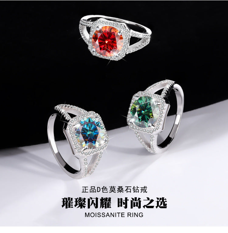Exclusive for cross-border S925Silver Luxury Square Bag Colorful Moissanite Ring for Women Pure Silver White Gold Diamond Simulated Diamond Wholesale