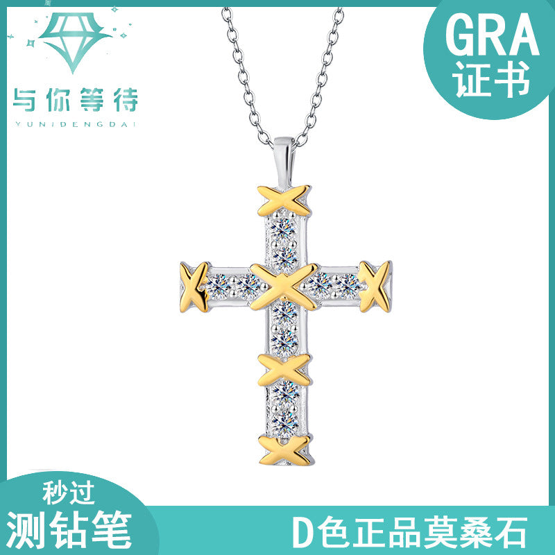 Cross-Border S925Sterling Silver European and American Fashion High-End Full Diamond Cross Moissanite Necklace for Women Collarbone Chain Factory Direct Sale
