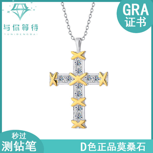 Cross-Border S925Sterling Silver European and American Fashion High-End Full Diamond Cross Moissanite Necklace for Women Collarbone Chain Factory Direct Sale