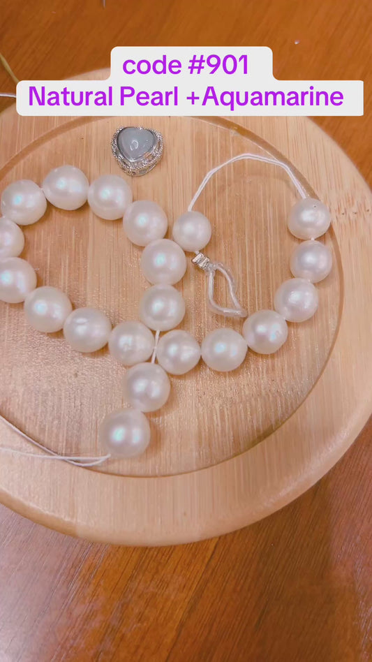 #901 Natural Pearl + Aquamarine Bracelete